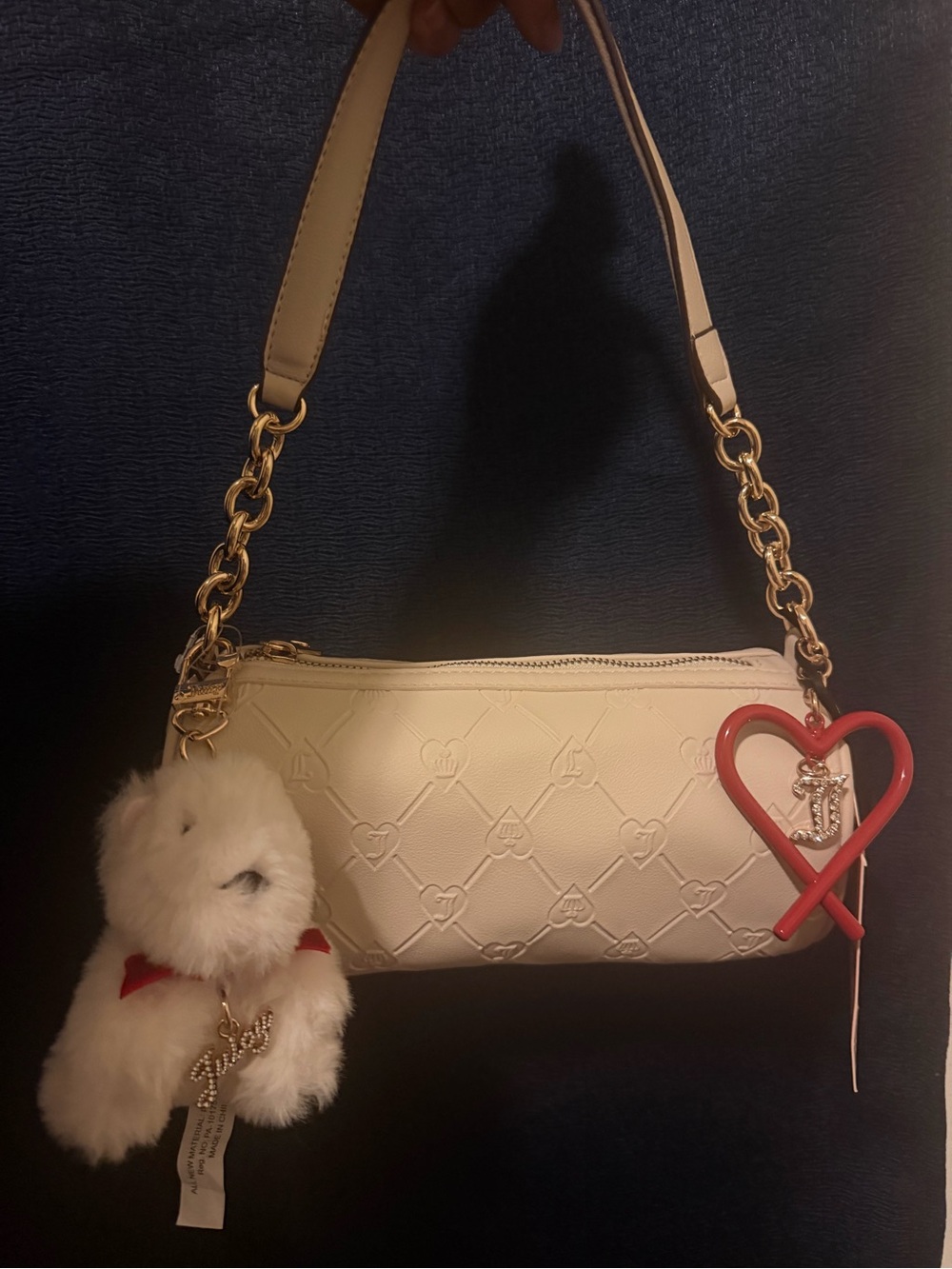 Juicy Couture Cream Heart-Embossed Shoulder Bag with Chain Strap and Charm
